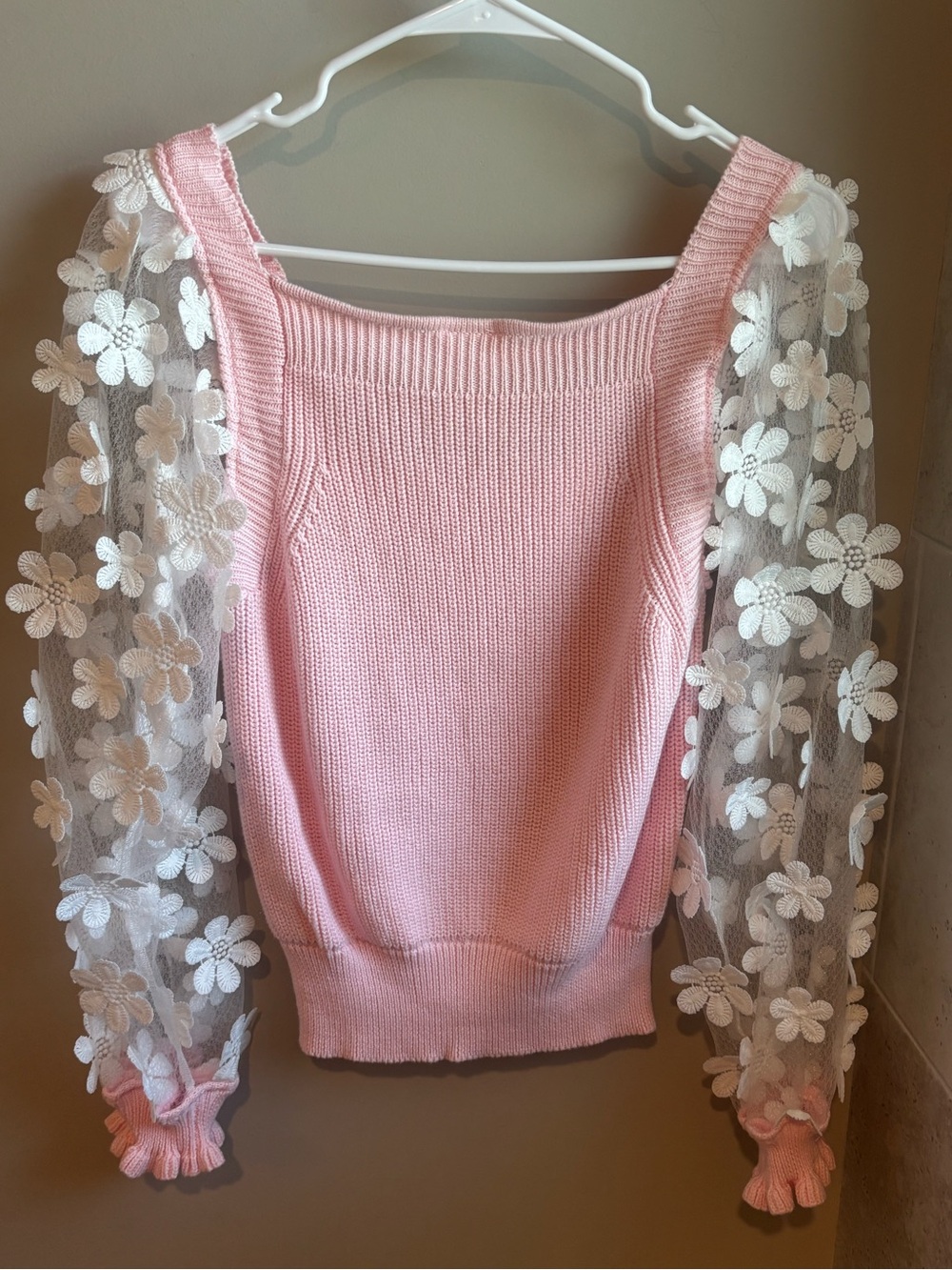 So Me Pink Knit Sweater with White Floral Appliqué Sleeves - Picture 4 of 4
